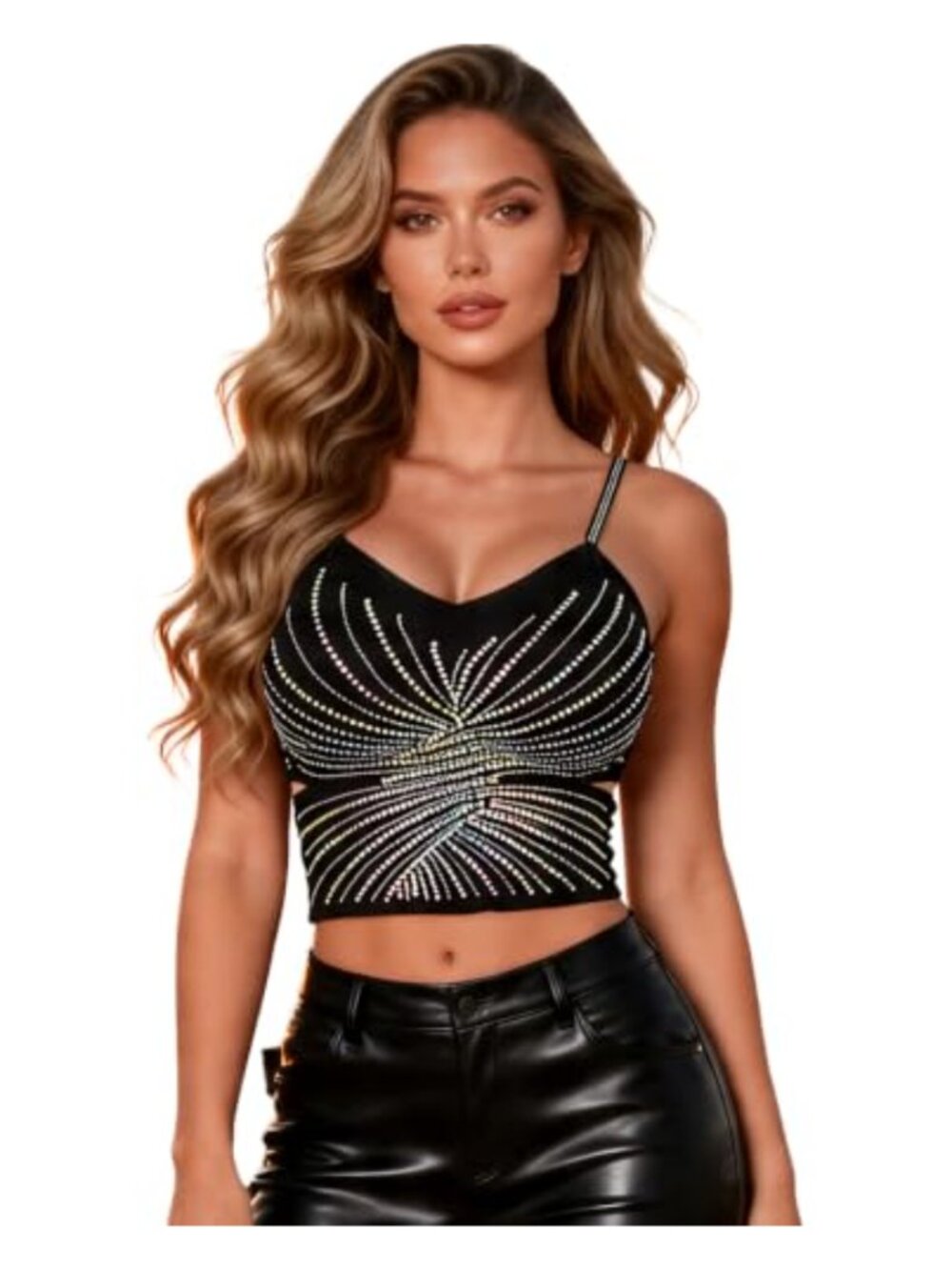 Rhinestone Crop Cami Tank Top Sequined Party Club Sparkly Going Out Sleeveless